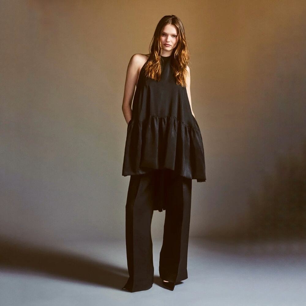 AZEEZA Winston Raw Silk Mini Dress Black High Low Halter Cocktail Party Size S - Picture 12 of 13